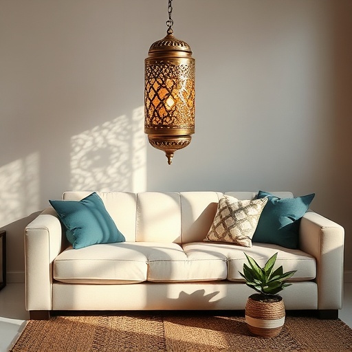 Moroccan brass lantern casting patterned light in a cozy living room
