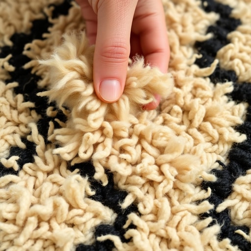 Close up texture of handwoven Berber wool rug fibers