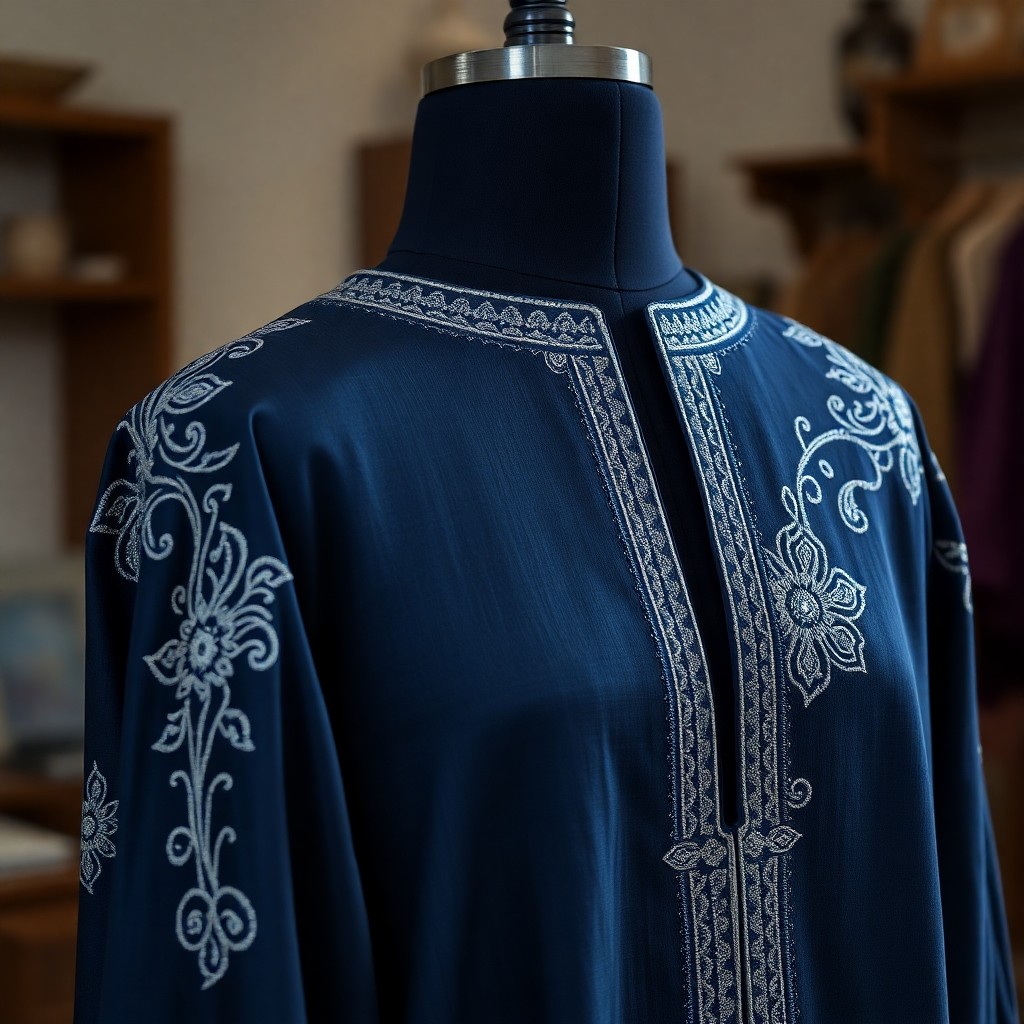 Close‑up of an indigo silk Moroccan kaftan with silver filigree embroidery