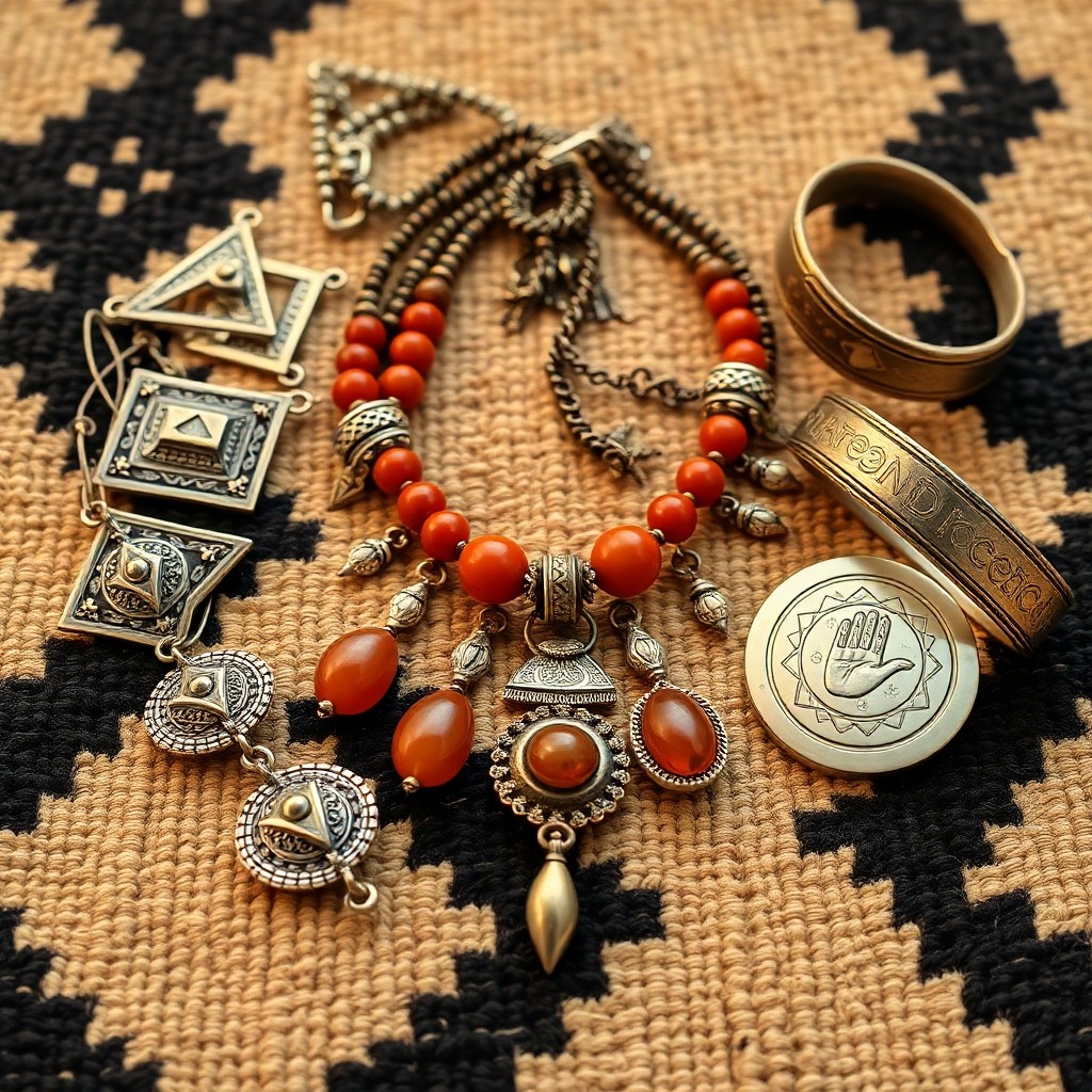 Collection of antique Amazigh silver jewelry with amber and coral laid out on a traditional woven rug.