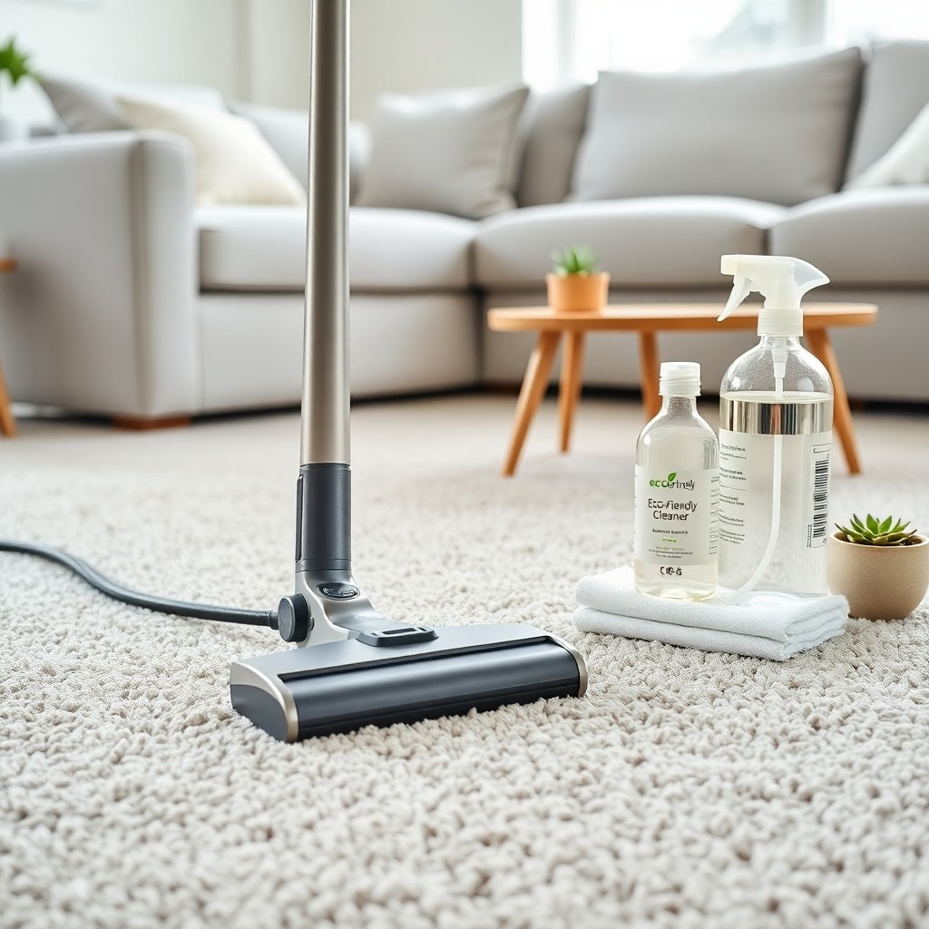 Modern living room with a light‑gray Berber carpet being vacuumed and spot‑cleaned using eco‑friendly products