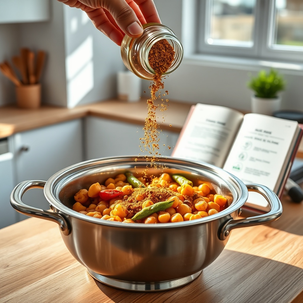 Close‑up of hand sprinkling ras el hanout over a tagine in a modern kitchen, highlighting health‑benefit icons