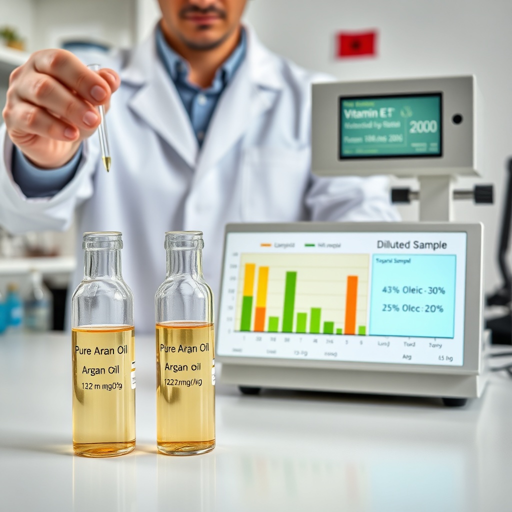 Laboratory test comparing pure and diluted argan oil with chromatography chart and vitamin E measurement