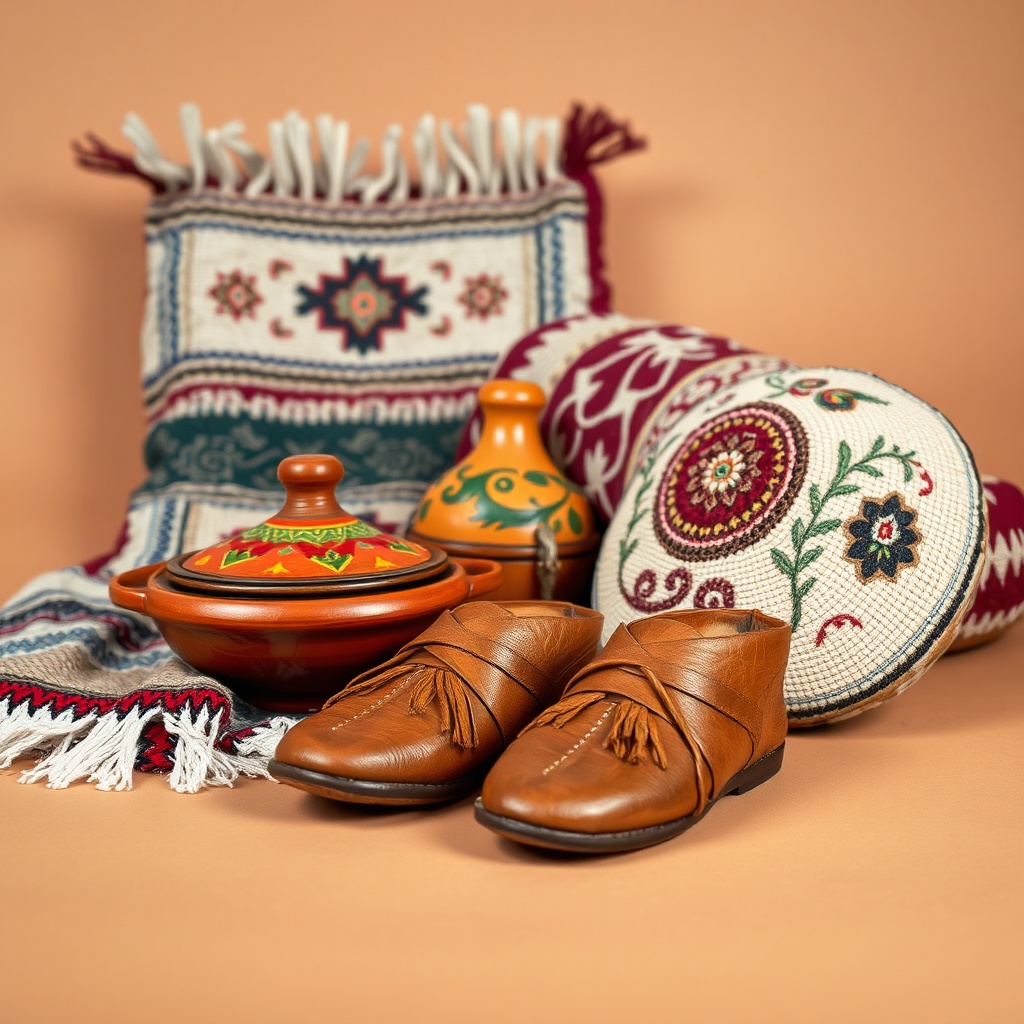 Close-up of Moroccan souk items including Berber rug, tagine, and leather babouches