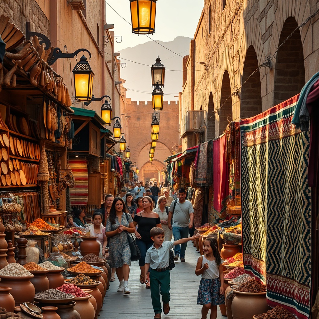Vibrant Moroccan souk street with spices, lanterns, and Berber rugs attracting tourists